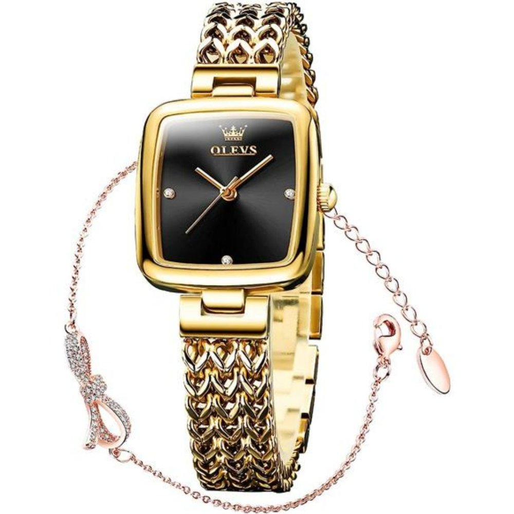 Women's Square Watch Gold Diamond Watch Analog Quartz Stainless Steel Waterproof - Picture 2 of 6